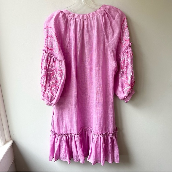 ELEVEN March 11 Pink Linen Embroidered drop waist tassel Tunic Dress - Picture 2 of 12